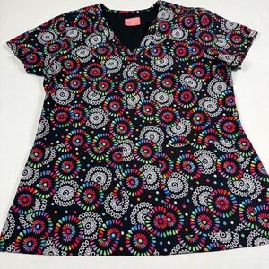 Ava Therese Scrub Top M Black Multicolor Floral Geometric V-Neck 1054